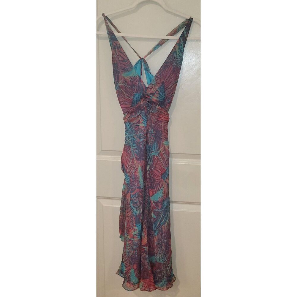 BCBGMAXAZRIA Silk Halter Dress Size 4 Tropical Print Open Back - Picture 1 of 5